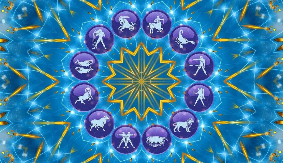 O ilustrație simbolică circulară cu fundal albastru și cele 12 semne ale zodiacului reprezentate ca pictograme albe în cercuri mov.
