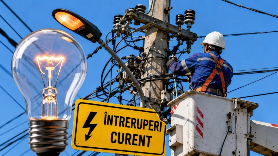 Un electrician cu cască albă și echipament de protecție lucrează la un stâlp electric sub un cer senin, lângă un bec și un semn galben.