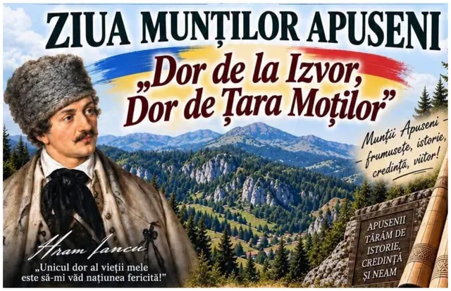 Afiș cu un portret ilustrat, peisaj montan și textul Ziua Munților Apuseni.