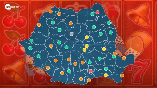 O hartă albastră a României cu puncte colorate de diverse nuanțe este suprapusă pe un fundal roșu cu simboluri de fructe și numere.