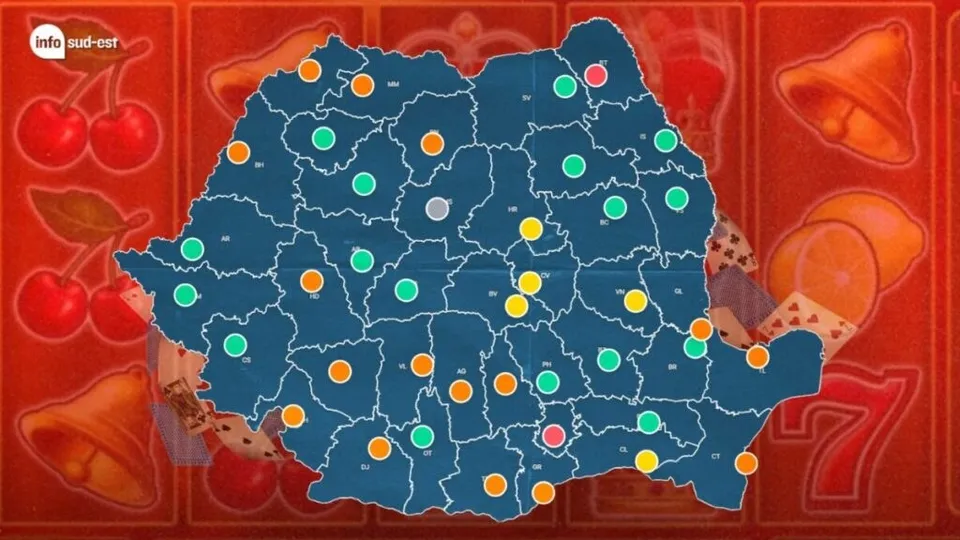 O hartă albastră a României cu puncte colorate de diverse nuanțe este suprapusă pe un fundal roșu cu simboluri de fructe și numere.