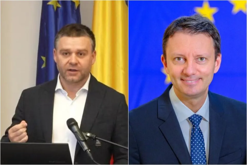 Două fotografii de portret prezintă un bărbat cu sacou și cămașă albă lângă un microfon și un alt bărbat cu sacou și cravată albastră.
