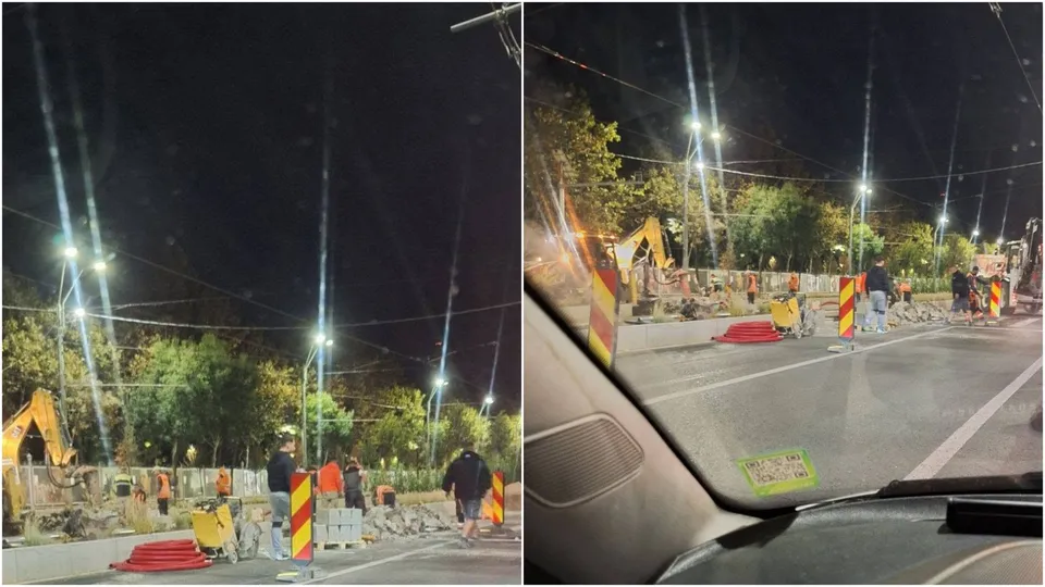 Două fotografii de noapte surprind lucrări pe un drum, cu utilaje de excavare, obstacole de protecție și câteva persoane în apropiere.