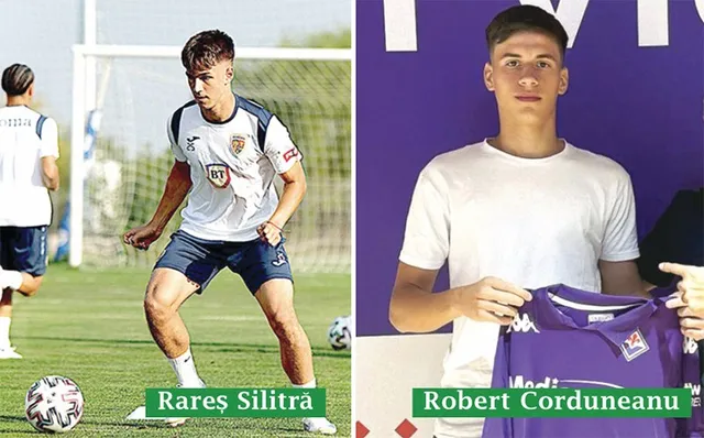 Un colaj format din doi tineri, unul jucând fotbal pe un teren verde și celălalt purtând un tricou alb și ținând un echipament violet.