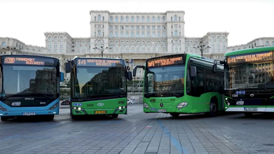 Patru autobuze colorate, de culori albastru și verde, sunt parcate în linie pe o suprafață pavată în fața unei clădiri mari și albe.