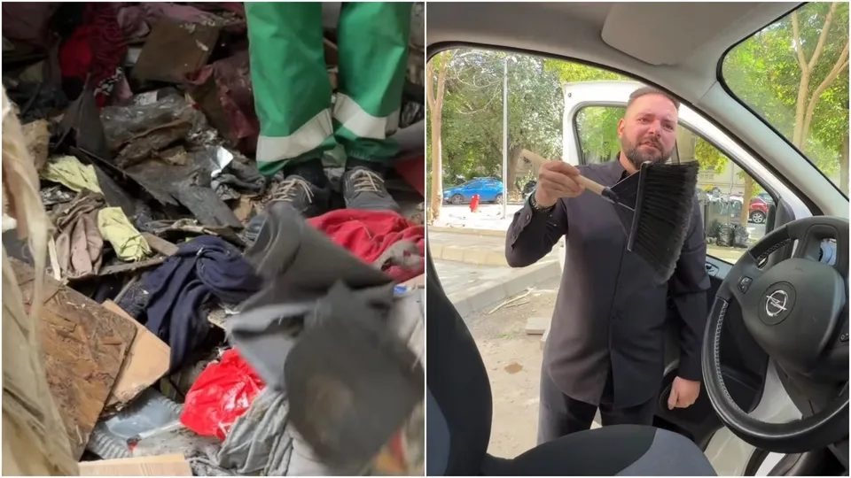 Un bărbat într-un costum în întuneric ține o mătură în interiorul unui autovehicul lângă o fereastră deschisă.