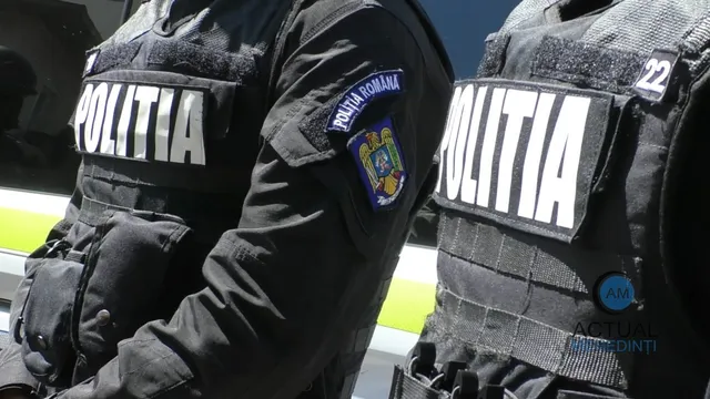 Doi polițiști români, îmbrăcați în uniforme negre cu veste tactice, sunt fotografiați de la brâu în sus, cu insigna "POLIȚIA ROMÂNĂ" vizibilă.