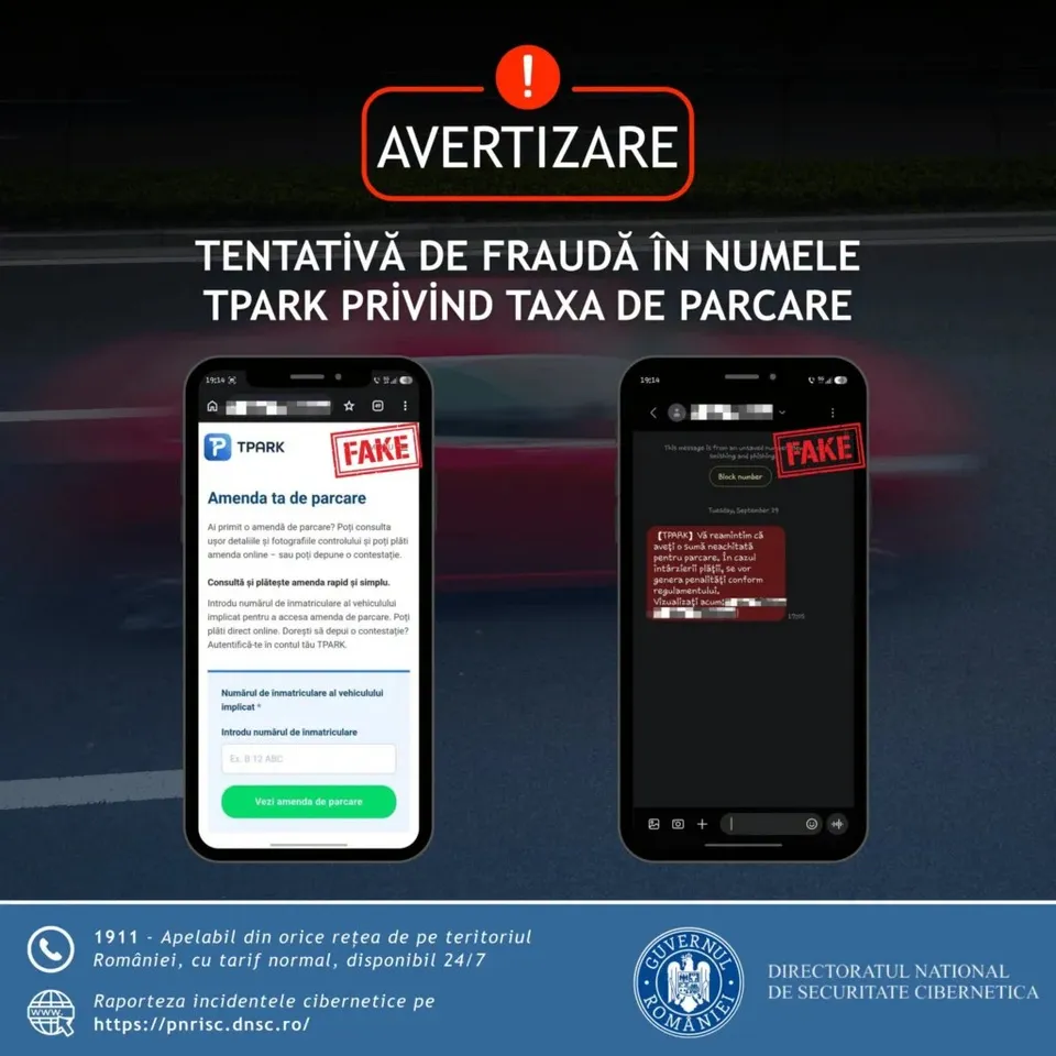 Două telefoane mobile sunt afișate pe un fundal întunecat, unul prezentând un formular alb cu text și un buton verde, celălalt afișând un mesaj de tip chat.
