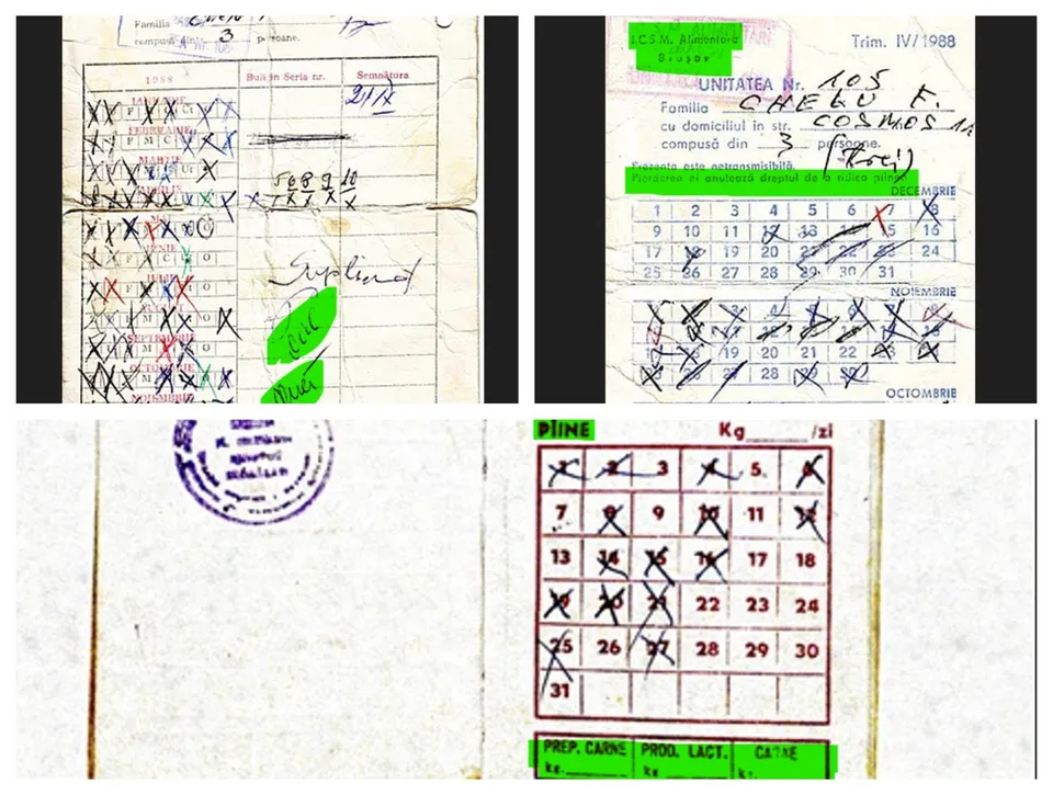 Colaj de documente manuscrise, calendare tăiate, ștampile și etichete verzi, cu tabele, bifări și inscripții parțial lizibile.