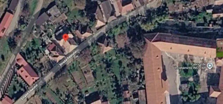 O vedere aeriană de sat arată o stradă cu case, curți verzi și un punct de marcaj roșu pe un acoperiș.