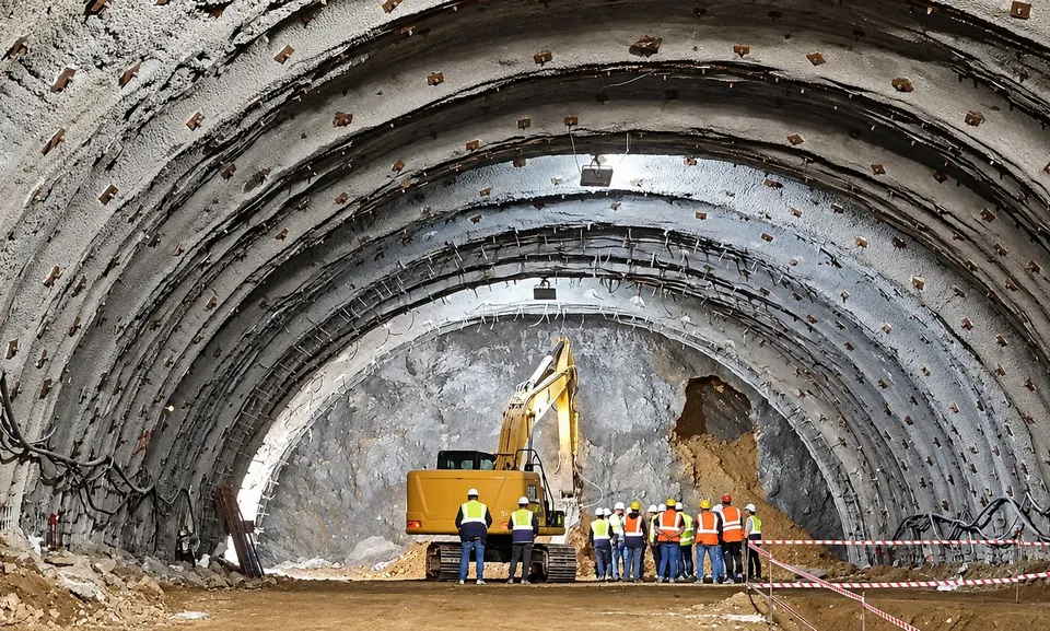 O excavatoare galbenă stă pe un drum de pământ într-un tunel sub construcție lângă un grup de lucrători îmbrăcați în veste reflectorizante.