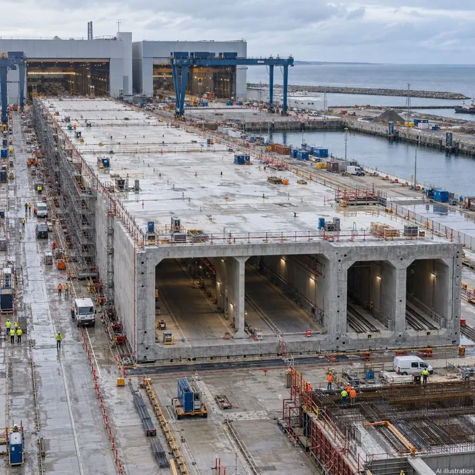 O structură de beton masivă cu mai multe secțiuni de tunel este în construcție lângă o zonă portuară cu macarale și utilaje de șantier.