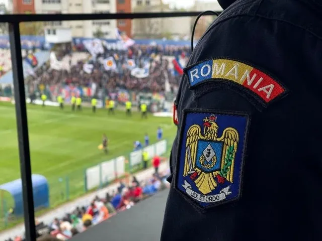 Un uniformat de spatele este prezentat cu un patch de România și un emblema pe umăr, în timp ce un stadion cu mulțime este în fundal.