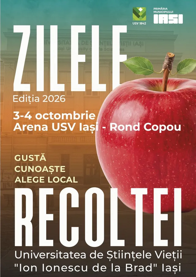 Un măr roșu mare este plasat în partea dreaptă a unui afiș cu text alb pe un fundal de clădire.