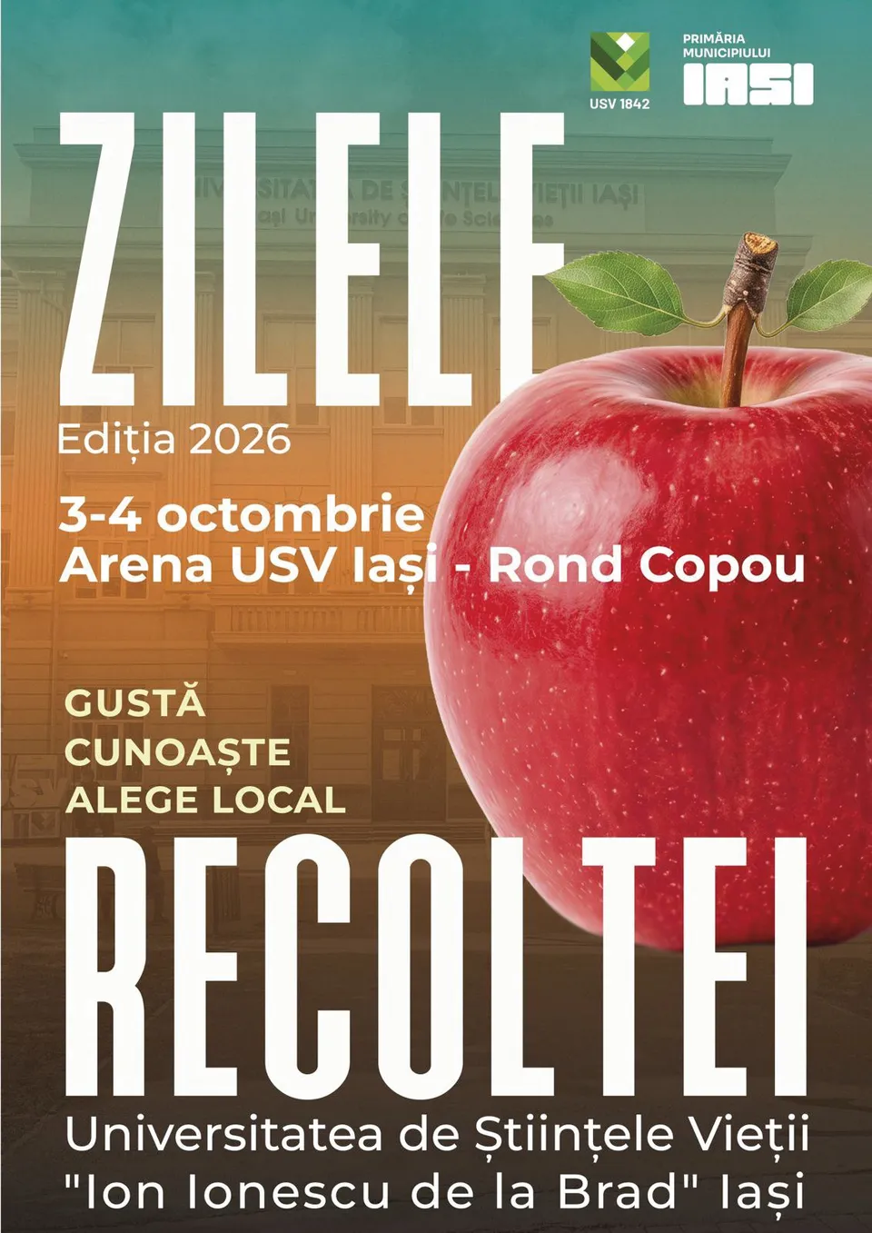 Un măr roșu mare este plasat în partea dreaptă a unui afiș cu text alb pe un fundal de clădire.
