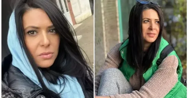 Două fotografii de tip portret cu o femeie cu părul negru, purtând o eșarfă albastră și o vestă verde peste un tricou maro.