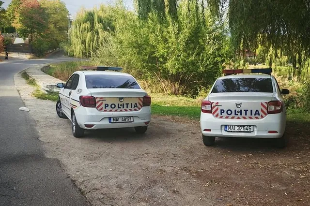 Două mașini albe de poliție sunt parcate pe un teren de pământ lângă un drum asfaltat și copaci verzi.