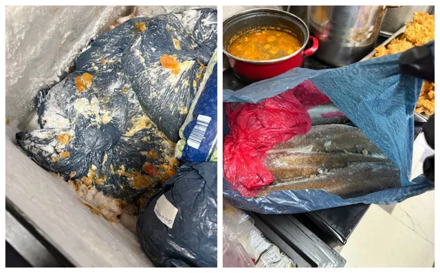 Două imagini suprapuse arată saci de plastic negri conținând produse alimentare și un vas roșu cu lichid gălbui într-o bucătărie.