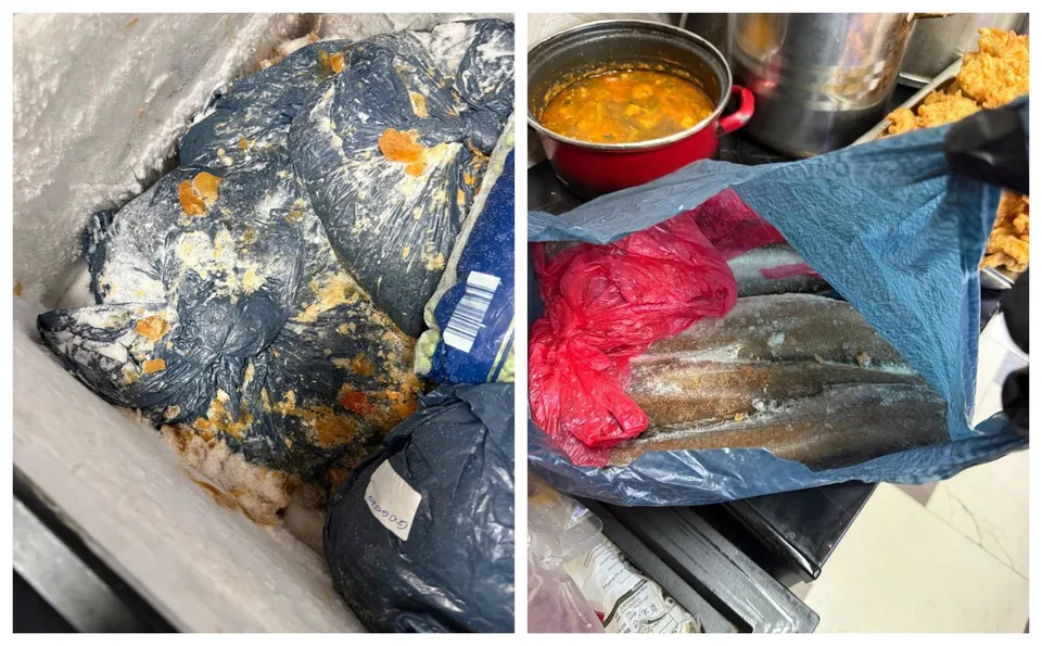 Două imagini suprapuse arată saci de plastic negri conținând produse alimentare și un vas roșu cu lichid gălbui într-o bucătărie.