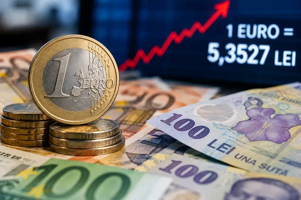 O monedă de un euro stă în picioare pe un teanc de monede, în fața unor bancnote de euro și lei, cu un ecran afișând un grafic ascendent.