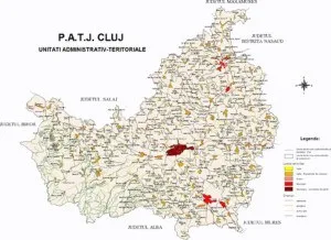 O hartă a județului Cluj care indică unitățile administrativ-teritoriale și câteva zone colorate în roșu și galben pe fundal alb.