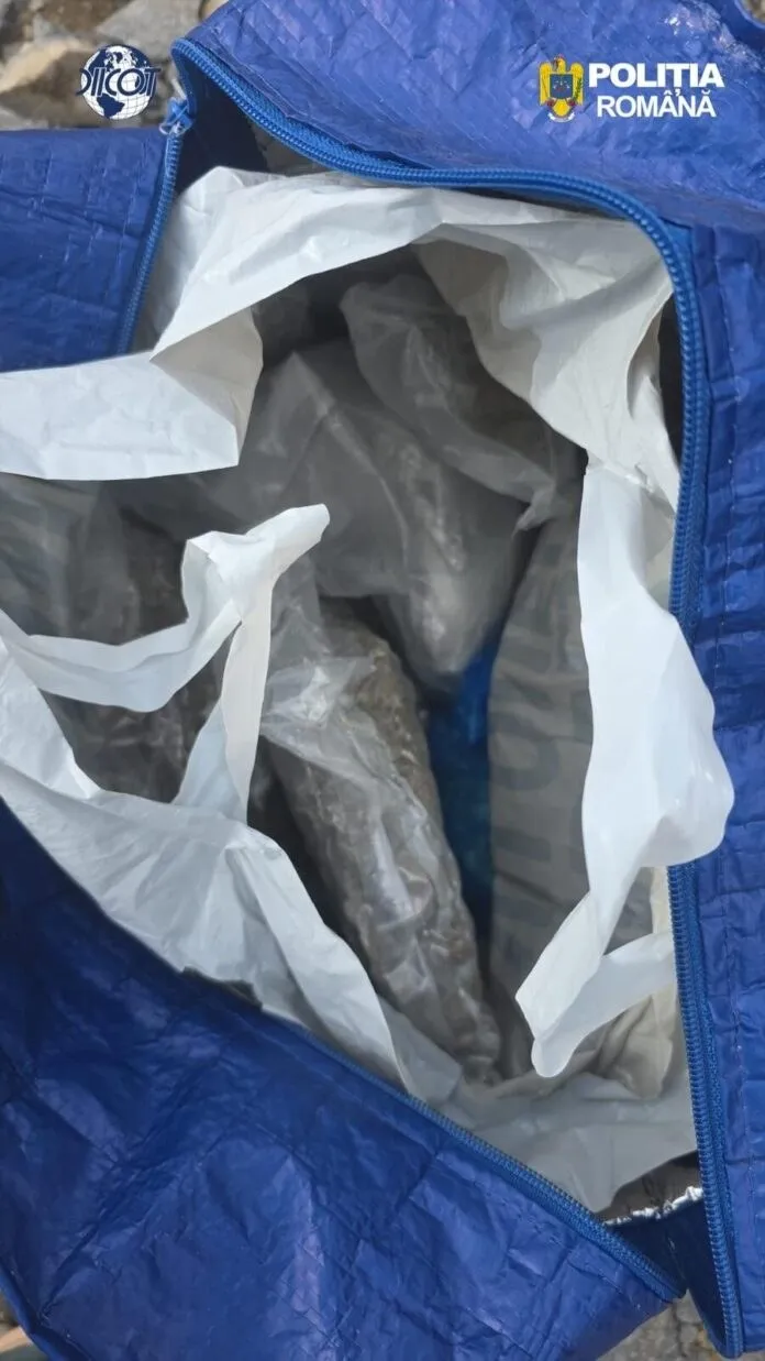 O geantă albastră deschisă conține mai multe pungi de plastic umplute cu o substanță granulată de culoare închisă.