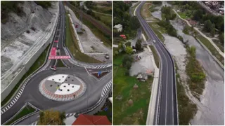 Două fotografii aeriene prezintă o intersecție de tip rondel și o porțiune de drum asfaltat cu linii albe, înconjurat de vegetație și un albie de râu.