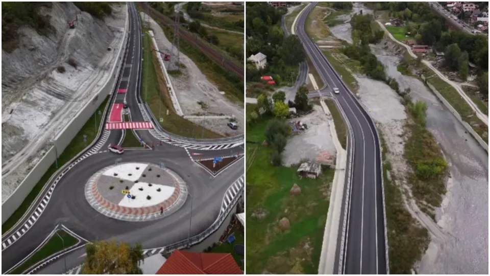 Două fotografii aeriene prezintă o intersecție de tip rondel și o porțiune de drum asfaltat cu linii albe, înconjurat de vegetație și un albie de râu.