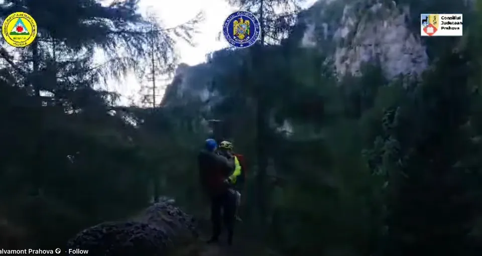 Două persoane purtate de un salvator se află într-o zonă împădurită, lângă o stâncă, sub un cer luminos.