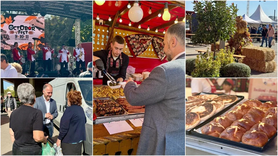 Un grup de fotografii prezintă oameni la un eveniment, preparate culinare pe mese și un stand cu produse de panificație.