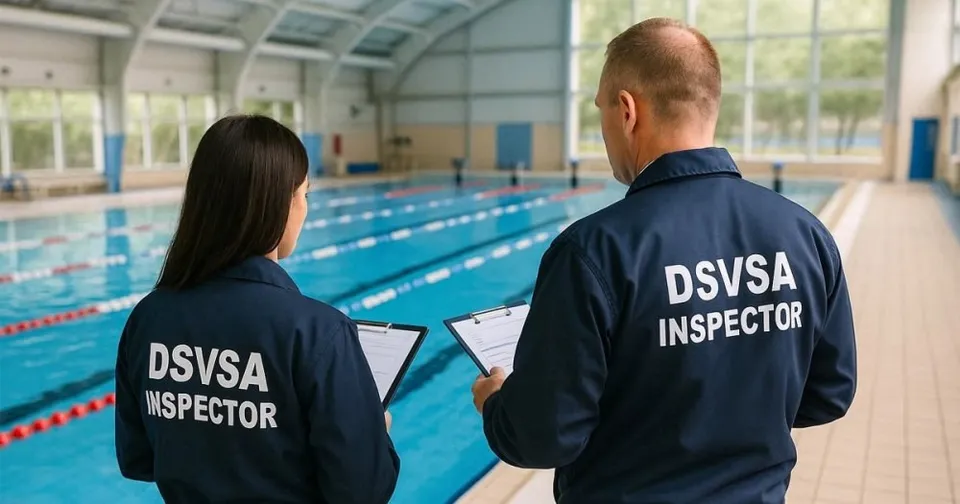 Două persoane cu spatele, purtând jachete albastre pe care scrie DSVSA INSPECTOR, stau lângă o piscină cu linii de demarcare colorate și țin dosare.