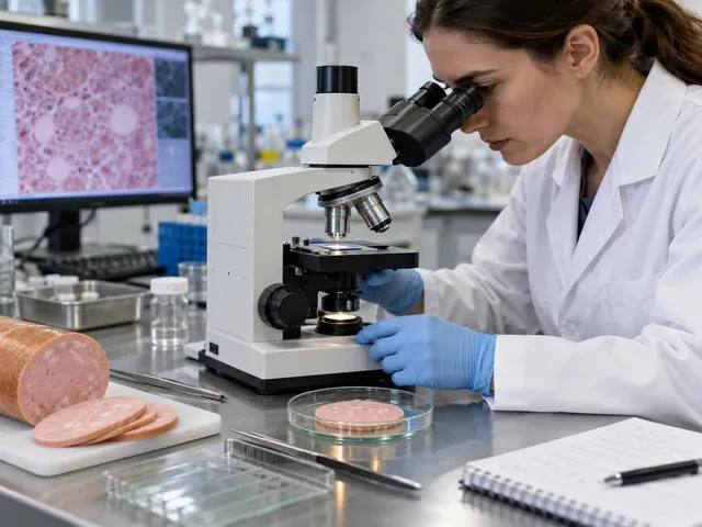 O femeie cu halat alb și mănuși albastre privește printr-un microscop pe o masă de laborator lângă un monitor și felii de parizer pe o farfurie.