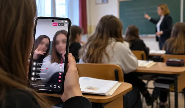 O persoană ține un telefon mobil în care se vede o transmisie video cu două fete, în timp ce în fundal elevii stau la bănci într-o sală.