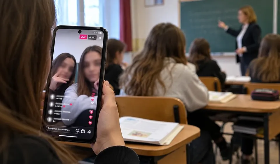 O persoană ține un telefon mobil în care se vede o transmisie video cu două fete, în timp ce în fundal elevii stau la bănci într-o sală.