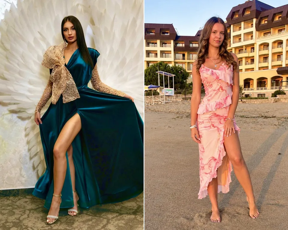 Imagine compusă cu o femeie purtând o rochie lungă, de culoare verde închis, și o femeie purtând o rochie roz cu model floral pe o plajă.