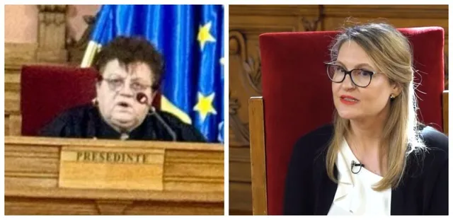 Două fotografii separate prezintă o femeie cu ochelari și păr scurt în fața unui steag și o femeie cu ochelari și păr lung.
