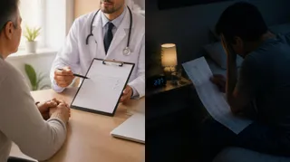 Un medic într-un halat alb ține un stilou deasupra unui dosar, în timp ce un pacient stă la masă, alături de un bărbat care citește o foaie.