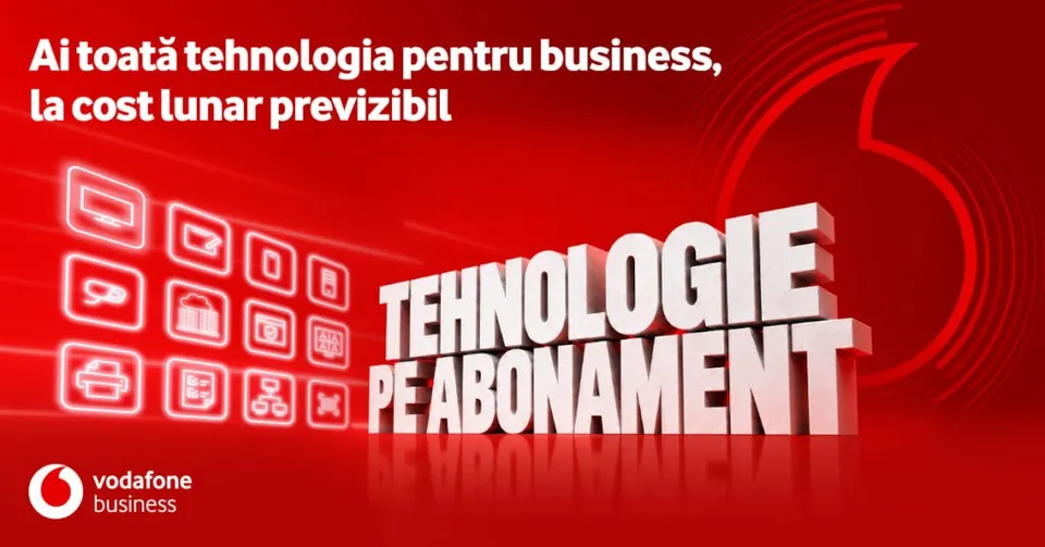 Textul alb în relief este poziționat pe un fundal roșu lângă diverse pictograme tehnologice încadrate în pătrate luminoase.