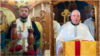 Două imagini suprapuse arată bărbați îmbrăcați în haine liturgice într-un decor bisericesc cu elemente din lemn sculptat și iconostas.