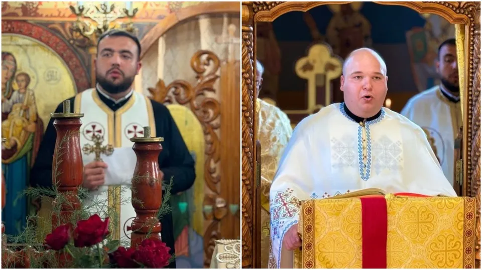 Două imagini suprapuse arată bărbați îmbrăcați în haine liturgice într-un decor bisericesc cu elemente din lemn sculptat și iconostas.