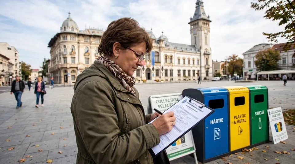 O femeie cu ochelari și o eșarfă scrisoarează pe o foaie de hârtie de pe un dosar cu clips, lângă containere colorate de reciclare.