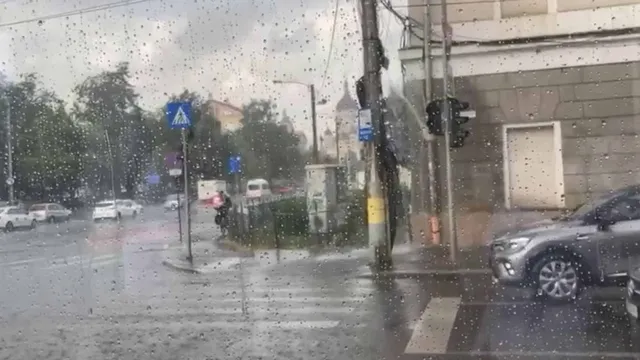 O stradă umedă sub un cer noros prezintă mașini parcate, un semafor, un indicator de trecere de pietoni și vegetație în fundal.