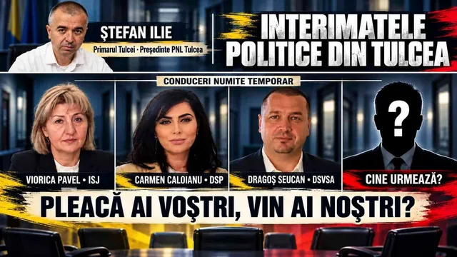 Afiș informational cu fundal închis, prezentând patru cadre de personaje politice sub titlul 'Conducători numiți temporar' și un titlu mare alb și galben în partea dreaptă.