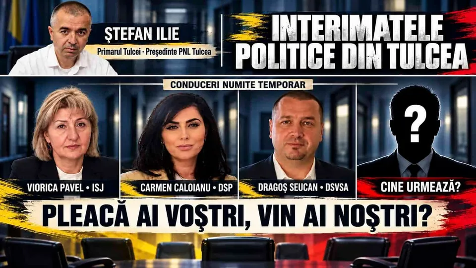 Afiș informational cu fundal închis, prezentând patru cadre de personaje politice sub titlul 'Conducători numiți temporar' și un titlu mare alb și galben în partea dreaptă.
