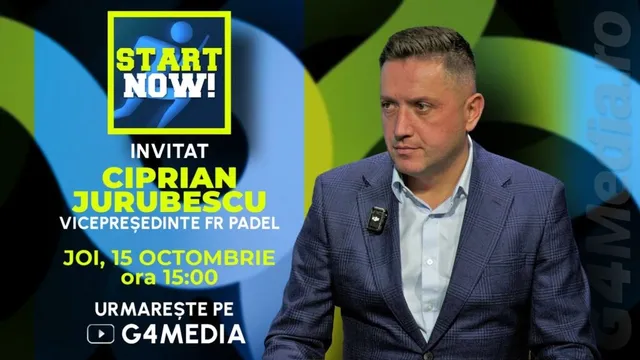 Un bărbat cu sacou și cămașă stă în fața unui fundal colorat cu textul Start Now! și numele Ciprian Jurubescu.