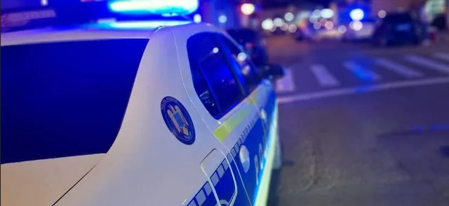 Un vehicul de poliție alb cu lumini albastre aprinse este parcat pe o stradă asfaltată lângă un marcaj de trecere de pietoni noaptea.