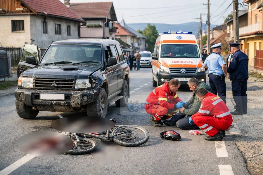 Imaginea prezintă un accident rutier cu o mașină avariată, o bicicletă căzută, personal medical acordând primul ajutor unei persoane și polițiști la fața locului.