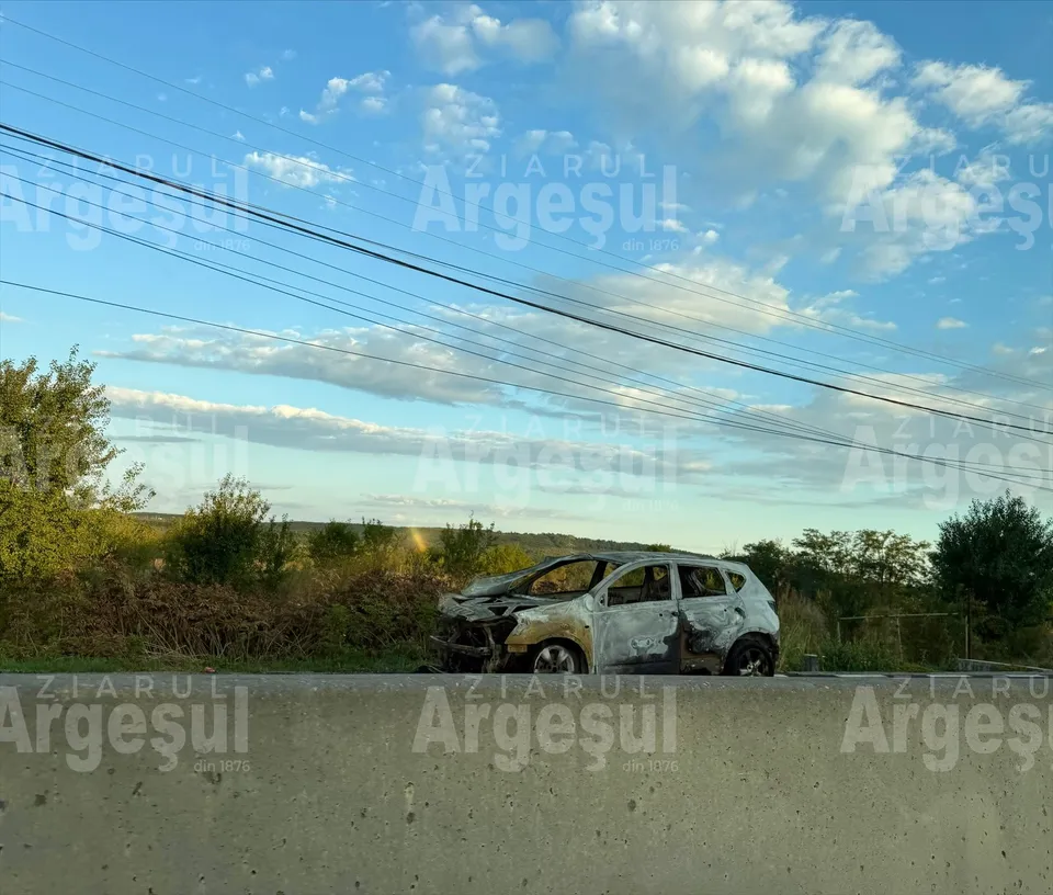 Un autoturism de culoare deschisă, cu caroseria afectată de arsuri, este parcat pe marginea unui drum lângă vegetație sub un cer cu nori.