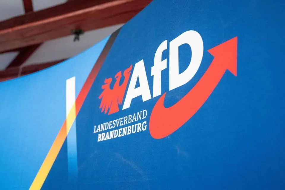 Un logo alb cu textul AfD și un simbol de pasăre roșie este afișat pe un fundal albastru cu textul Landesverband Brandenburg.