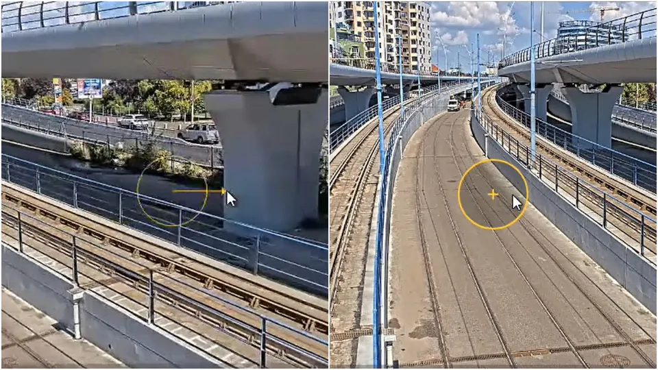 Două cadre de supraveghere arată șine de tramvai și poduri de beton sub un cer parțial înnorat.